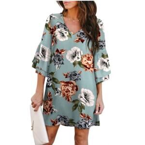 BELONGSCI Women's Dress Sweet & Cute V-Neck Bell Sleeve Shift Dress Mini Dress L